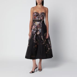 Zimmermann Abito midi Valiant nero a fiori in seta e lino