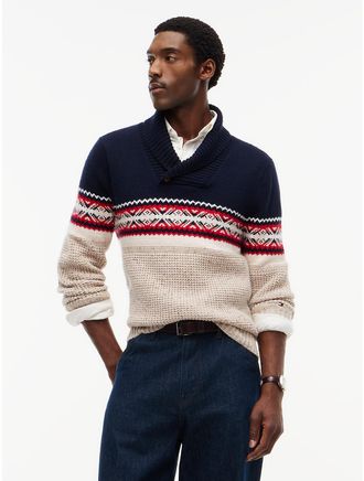 Tommy Hilfiger Mens Shawl Collar Fair Isle Sweater - Navy/Cream - XL