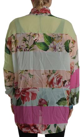 Dolce & Gabbana Womens Multicolor Floral Patchwork Design Ascot Collar Top Blouse Silk