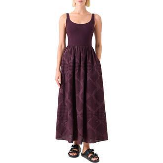 Akris Mixed Media Diamond Eyelet Belted Midi Dress in Blackberry at Nordstrom, Size 16