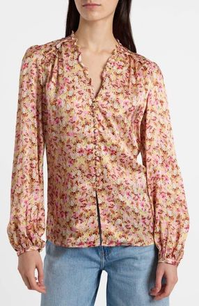Santorelli Blaine Long Sleeve Buttoned Blouse in Floral Silk Blend in Sweet Pink at Nordstrom, Size 4