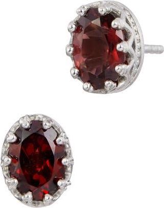 Savvy Cie Jewels Rhodium Plated Sterling Silver Oval Semiprecious Stone Stud Earrings in Silver/Garnet at Nordstrom Rack