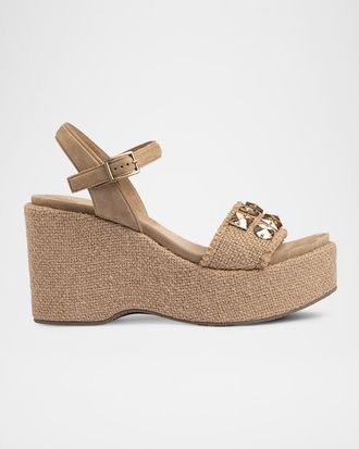 Pedro Garcia Delina Embellished Jute Platform Ankle-Strap Sandals