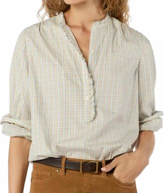 Ann Mashburn Becca Long Sleeve Half Button Top In Olive/ochre/blue Tattersall Brushed Twill