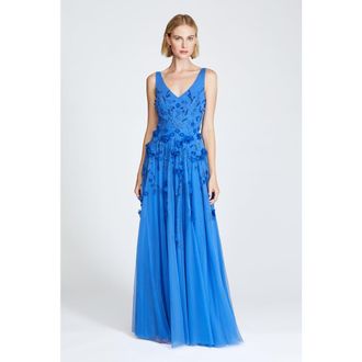 Theia Fabiana Beaded Capelet Gown in Cornflower Blue at Nordstrom, Size 10