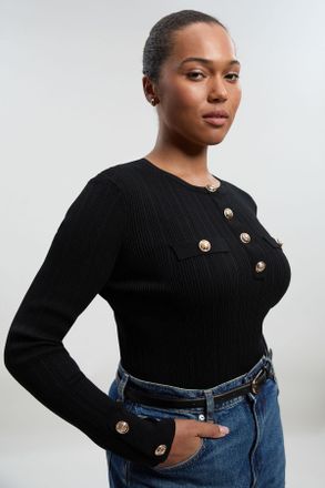 Karen Millen Womens Plus Size Military Trim Rib Long Sleeve Knit Top - Black Polyamide - Size 3XL