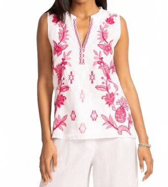 Johnny Was Linen Ruffle Neck Tank Orla In White