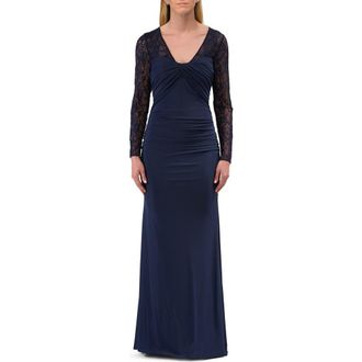 La Femme Long Sleeve Evening Dress with Ruching and Lace Details in Navy at Nordstrom, Size 20