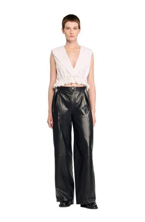 Sandro Ruffled V-neck crop top in Ecru at Nordstrom, Size X-Large