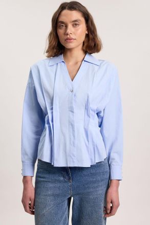 Karen Millen Womens Cotton Pleated Detail Long Sleeve Shirt - Pale Blue - Size 10 UK