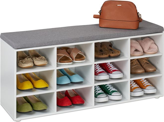 Relaxdays Schuhbank, 12 Fächer, gepolsterte Sitzfläche, HBT 48x104x30 cm, für Flur, Garderobe, Schlafzimmer, weiß/grau ab 54,99 €