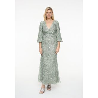 Beauut Embellished Sequin Beaded Maxi Dress With Deep V-Neck in Sage Green at Nordstrom, Size 4