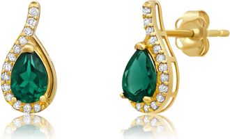 MAX + STONE 14k Yellow or White Gold Gemstone Pear Shape Drop Stud with Diamonds Accents
