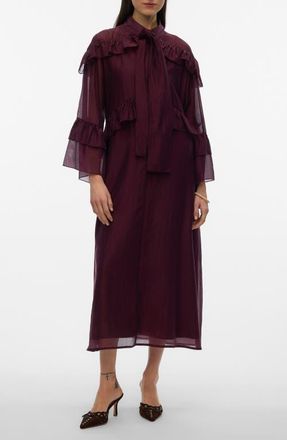Vero Moda Jenna Ruffle Detail Long Sleeve Dress in Winetasting at Nordstrom, Size X-Small