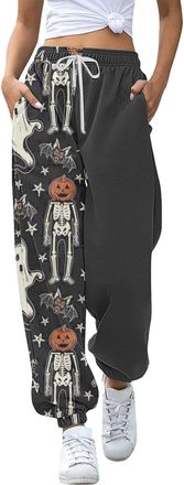 Generic Halloween Costumes Women Trousers Pumpkin Halloween Suitable Print Bottom Sweatpants Pockets High Waist Sporty Gym Athletic Fit Jogger Pants (Dark Gra