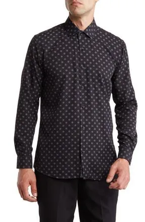 Azaro Uomo Slim Fit Wrinkle Resistant Performance Stretch Button-Up Shirt in Black at Nordstrom Rack, Size X-Large