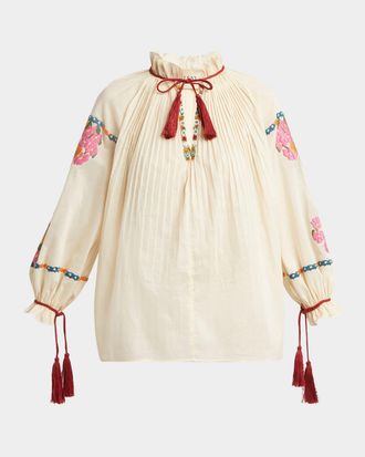 Valentino Garavani Floral Embroidered Pintuck Blouse