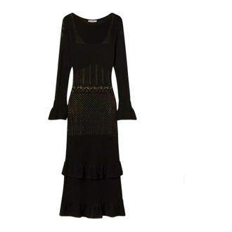 Twinset Jurk met ruches en doorschijnend puntmotief - Dames - Kleedjes - Zwart - M - Kleedjes