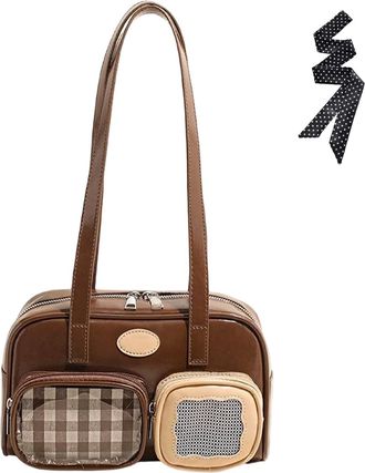 Generic Womens Retro PU Leather Bowling Bag, Preppy Underarm Purse with Double Pockets for Travel Everyday Use (Brown)