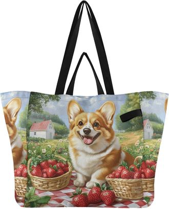 Generic Brown Dog Strawberry print Reusable Canvas Tote Bag, Heavy Duty Grocery Shopping Bag with Double Handles Large Capacity Hard Bottom Work Groceries Tra