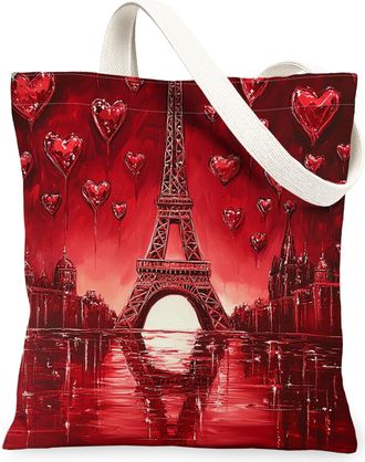 Generic Valentines Day Hearts Canvas Tote Bags, Romantic Paris Tower Design Reusable Shopping Bags, Lightweight Washable Shoulder Strap Tote for Travel Beach 