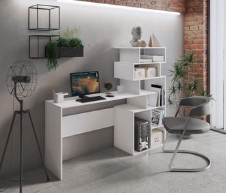 Dmora Escritorio Con Estanter&iacute;a Alta Moderna, Consola Con Estantes De Almacenamiento, Mesa De Estudio Para Dormitorio, 160x40xh135 Cm, Color Blanco, Con Emb