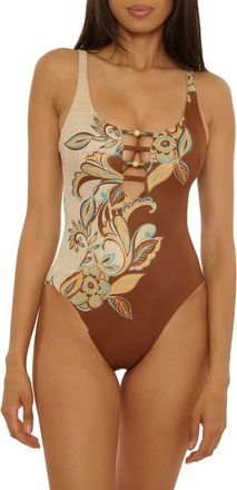 Lucky Brand Toledo Beaded Faux Suede One-Piece Swimsuit in Brown Multi at Nordstrom, Size Medium