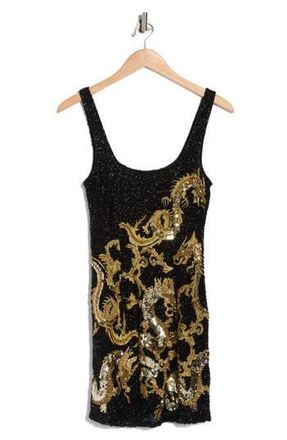 L'agence Inori Sequin Embellished & Beaded Dragon Minidress in Black/Gold Beaded Dragon at Nordstrom Rack, Size 14