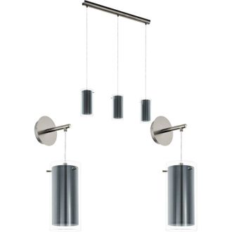 Loops Ceiling Pendant Light & 2x Matching Wall Lights Satin Nickel & Clear Glass Shade in Metallics