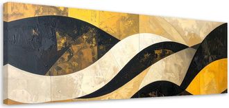 Feeby Cuadro En Lienzo, Abstracci&oacute;n L&iacute;neas Formas Amarillo Negro Dorado, 120x40