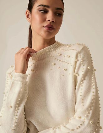 James Lakeland Womens Cream Pearl Sleeve Jumper - Tan - Size: 14