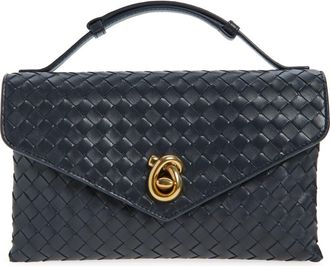 Bottega Veneta Knot Lock Intrecciato Leather Shoulder Bag in 4338 Midnight-Muse Brass at Nordstrom