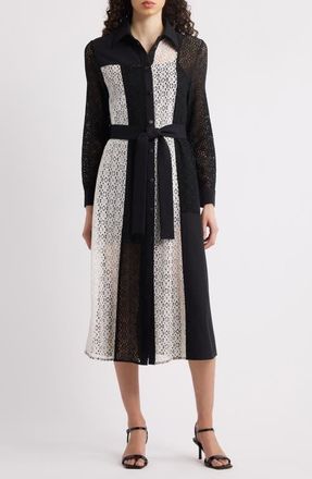 Misook Tie Waist Long Sleeve Lace Midi Dress in Black/White at Nordstrom, Size X-Small