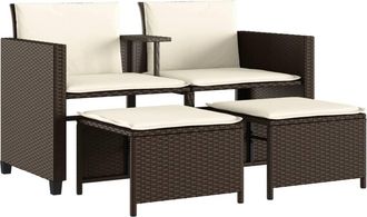 vidaXL Sof&aacute; De Jard&iacute;n 2 Plazas Con Mesa Y Taburetes Rat&aacute;n Pe Marr&oacute;n Vidaxl