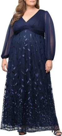 Alex Evenings Embroidered Long Sleeve A-Line Gown in Navy at Nordstrom, Size 18W