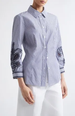 Carolina Herrera Ana Embroidered Stripe Cotton Button-Up Shirt in White/blue at Nordstrom, Size 10
