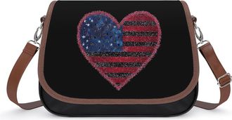 Generic Glittery U.S. Flag Heart Crossbody Bag Womens Handbag PU Message Bags Shoulder Purse with Adjustable Strap