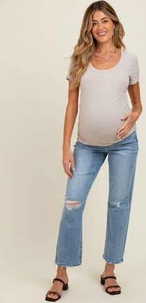 Pinkblush Distressed Open Knee Ankle Straight Leg Maternity Jeans in Light Blue at Nordstrom, Size 28 X 29
