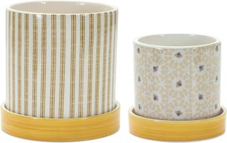 Melrose International Stone Bumble Bee Striped Planter with Plate (Set of 2) - Yellow, White