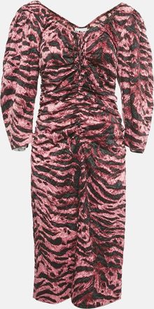 Ganni Ganni Pink /black Zebra Print Crepe Ruched Midi Dress