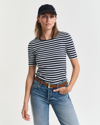 GANT T-Shirt GANT SLIM STRIPED 1X1 RIBBED KA T-SHIRT, Damen, Gr. XXL, blau (evening blau), Jersey, Obermaterial: 95% Baumwolle, 5% Elasthan, gestreift, sli