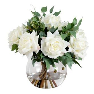 Nearly Natural Wedding Collection 16-in Artificial Roses and Mixed Greens Arrangement in Glass Vase in Green/white at Nordstrom