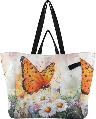 Generic Butterfly Orange Flowers print Reusable Canvas Tote Bag, Heavy Duty Grocery Shopping Bag with Double Handles Hard Bottom Large Capacity Work Groceries
