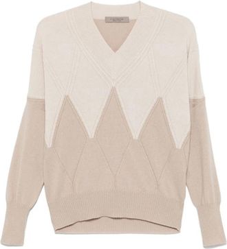 D.exterior Geruite Wol Kasjmier Trui - Dames - V-hals truien - Beige - XL - Wol - Truien & Vesten
