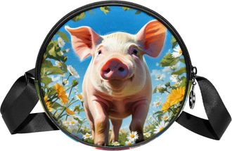 Generic Circle Crossbody Bag for Women, Pig Flower Small Sling Bag Daypack with Zipper Adjustable Shoulder Straps Casual Ladies Girls Round Purse