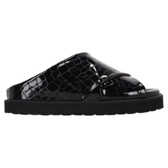 Ganni Ganni Croc-Effect Slide Sandals in Black Patent Calf Leather