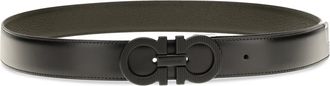 Ferragamo Mens Reversible Adjustable Belt With Textured Gancini Buckle Black Bicoloured Green Calf Leather Bos Taurus E Braces