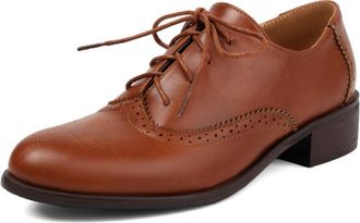 Generic Womens Lace Up Oxford Shoes Round Toe Wingtip Brogue Perforated Low Chunky Heel Cushioned Insole Durable Comfortable Vintage Shoes,Brown,9.5 UK