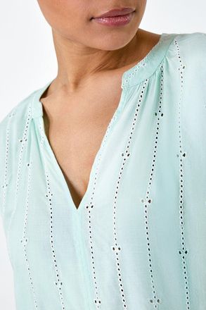 Roman Embroidered Stripe Notch Neck Top