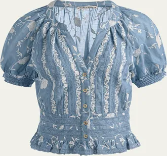 Alice & Olivia Kathryn Embroidered Short-Sleeve Blouse